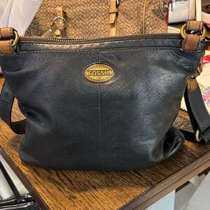 Fossil Black Leather Crossbody with Tan Accents